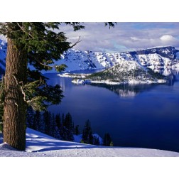 OR, Crater Lake NP View of snowy lake and island