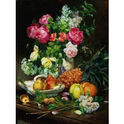 Painting of Roses in a Vase, Pears in a Porcelain Bowl