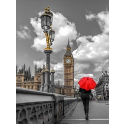 Tourist with an umbrella on Westminster Bridge, London, UK