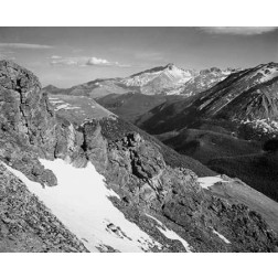 View of barren mountains with snow, in Rocky Mountain National Park, Colorado, ca. 1941-1942