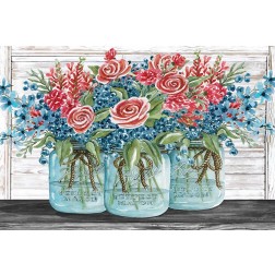Red, White and Blue Jars with  White Flowers