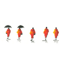 Six african men in orange clothes and umbrellas II